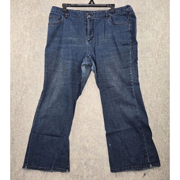 Liz Claiborne Women’s Bootcut Jeans Medium Wash 22W Elastic Waist Distressed Hem - Picture 1 of 9